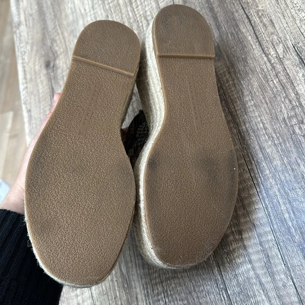 Zara Brown Snakeskin Jute Espadrille Platform Slide Sandals Sz 38 / 7.5